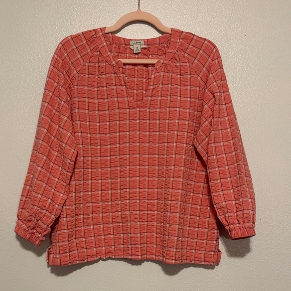 L.L. Bean Tops - L.L. Bean Coral Plaid V-Notch Tunic Top